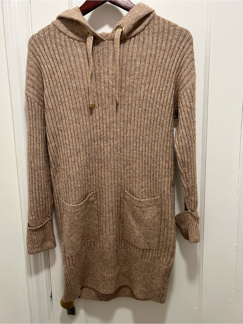 Taupe Hooded Ribbed Knit Sweater dress